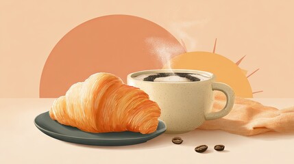 A flaky croissant served with a steaming cup of coffee captures the essence of a warm and inviting breakfast experience.
