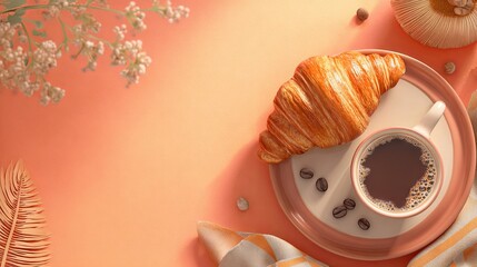 A flaky croissant served with a steaming cup of coffee captures the essence of a warm and inviting breakfast experience.
