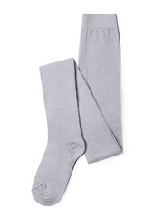 New folded gray children's tights, isolated on a white background, top view. Genuine photo, not...