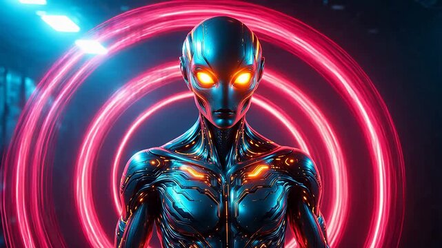 Futuristic alien figure with glowing circuits