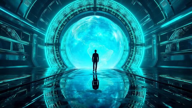 Person walking in futuristic corridor toward Earth