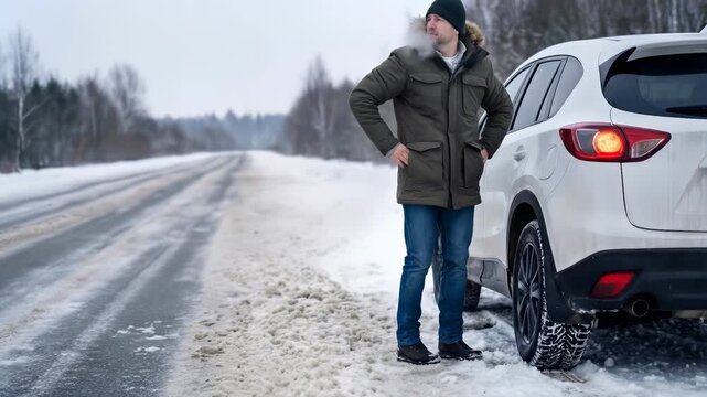 Driver inspecting flat tire on snowy roadside. Broken down vehicle during winter trip. Panning and tilting shot.