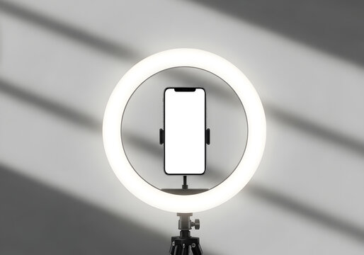 Content creator setup with ring light and blank phone screen, copy space