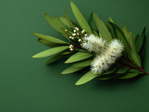 Beautiful white bottlebrush flowers blooming on vibrant green eucalyptus foliage background