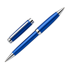A blue pen with silver accents on transparent background