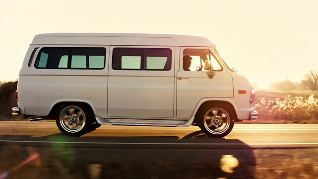 White vintage utility vehicle traveling on sunlit rural highway alongside harvested field