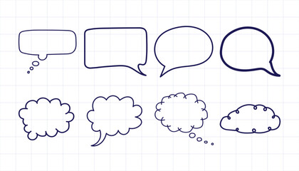 Fototapeta premium Blue ink hand-drawn speech and thought bubbles on graph paper