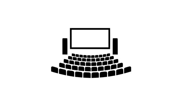 Cinema Auditorium Black Stencil Icon Movie Theater Screen and Seats Vector Illustration