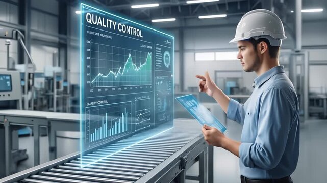 Production supervisor monitoring quality control data on holographic interface. Industrial manufacturing process optimization. Panning camera shot.
