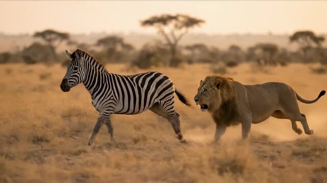 Zebra running from a male lion through dusty savanna grassland at sunset