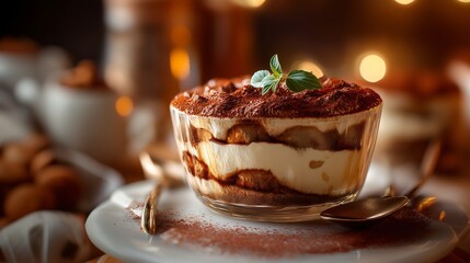 Classic Tiramisu Dessert with Cocoa and Mint