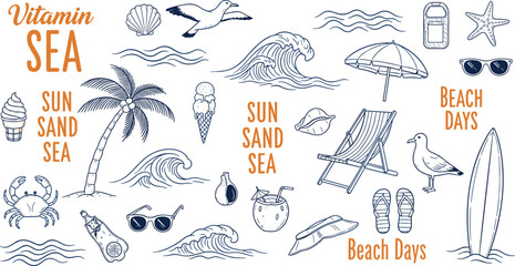 Summer beach and sea icons set with palm trees surfboard waves sand chair umbrella and seagull cad drawing flat vector illustration © Heyy there