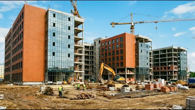 Large construction site with multiple modern buildings, towering cranes, and active workers under a clear sky