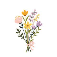 A colorful bouquet of spring flowers with a pink bow. A flat cartoon flower illustration for a greeting card or Mother's Day. © Lana