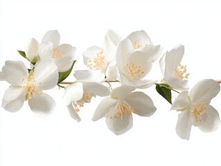 Beautiful cluster of fragrant white jasmine flowers blooming delicately on a slender brown branch