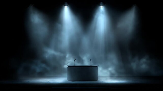Podium illuminated by spotlights with smoke effects for presentation