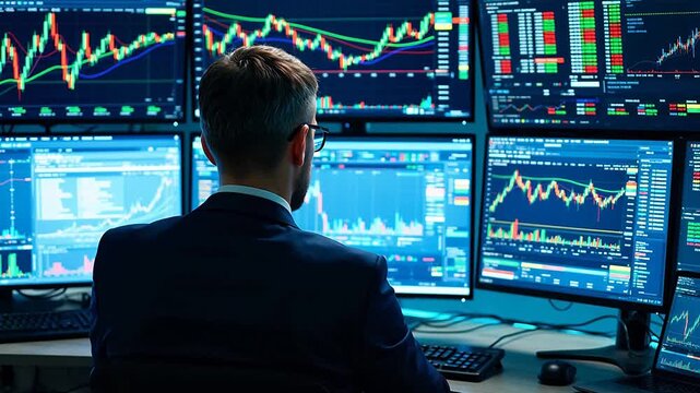 Man analyzing financial data on multiple monitors