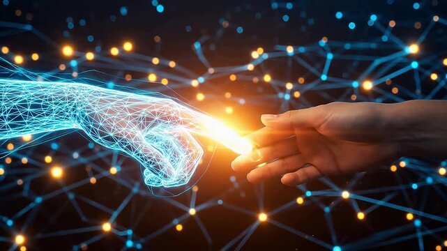 Human hand and digital wireframe hand connection