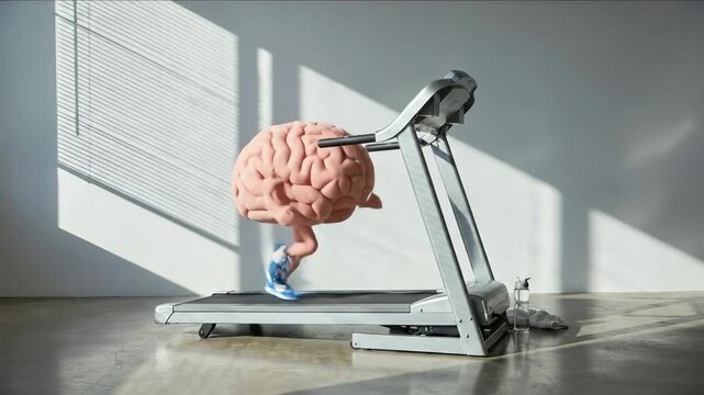 Human brain with legs and athletic shoes jogging on a modern exercise machine in a brightly lit indoor space with window shadows