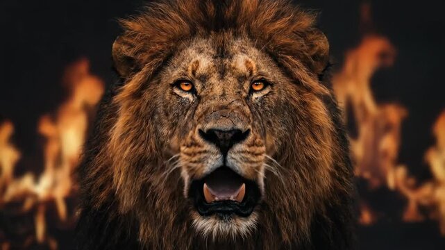 Majestic male lion with intense glowing orange eyes and full mane staring directly at viewer against dark fiery background