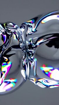 liquid chrome orbs twisting in closeup, hyperreal metallic bubbles merge and flow over smooth gray backdrop, vibrant iridescent highlights create rainbow reflections, slowmotion morphing,