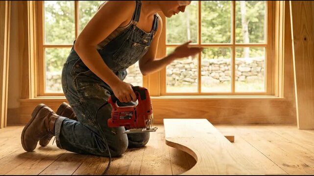Skilled woman worker cutting timber plank with precision jigsaw tool in natural light