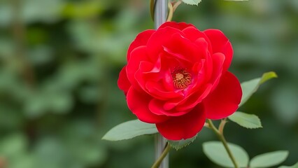 Bright red climbing rose grows on a support in a garden during a sunny day in spring