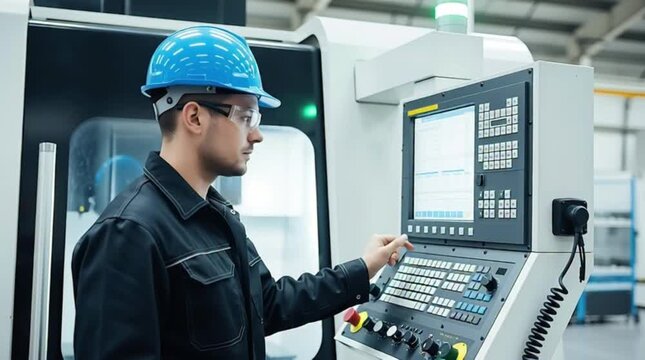 Operator Engaging CNC Machine in Industrial Setting