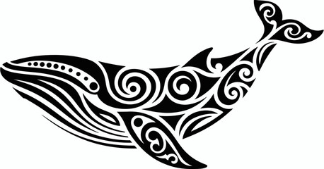 maori whale animal tribal graphic tattoo or print, polynesian tribe black symbol and maori warrior abstract art, ranked titles concept, hierarchy ethnic symbols, premium cultural levels for bold tatto © MSTFARIDA