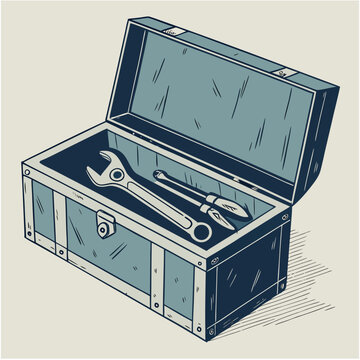 Vintage open metal toolbox with antique wrench and chisels, industrial maintenance illustration.