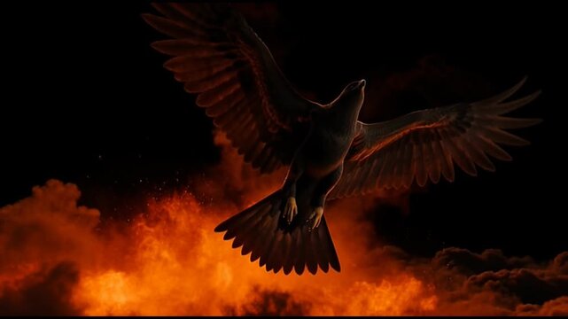 Cinematic shot of majestic eagle descending through fiery clouds at night