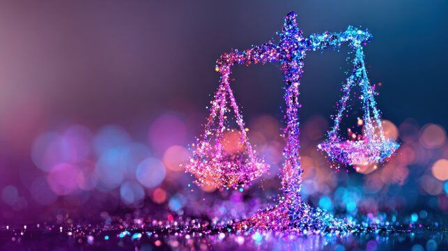 Colorful scales of justice shine brightly at night in a creative setting