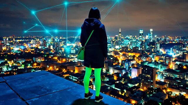 Person overlooking cityscape at night