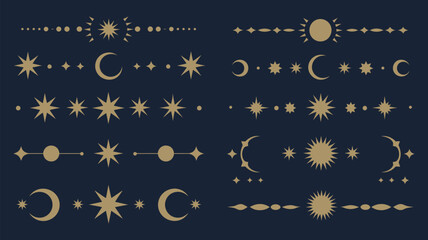 mystic celestial divider borders with esoteric magic symbols, golden sun moon and star decorations, ranked titles concept, hierarchy cosmic ornaments, premium mystical levels for elegant branding and  © MSTFARIDA