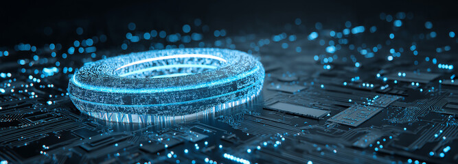  Futuristic Smart Stadium with Glowing Blue Digital Circuit Lines – High Tech Sports Arena Concept on Microchip Board, Artificial Intelligence and Smart City Infrastructure Theme