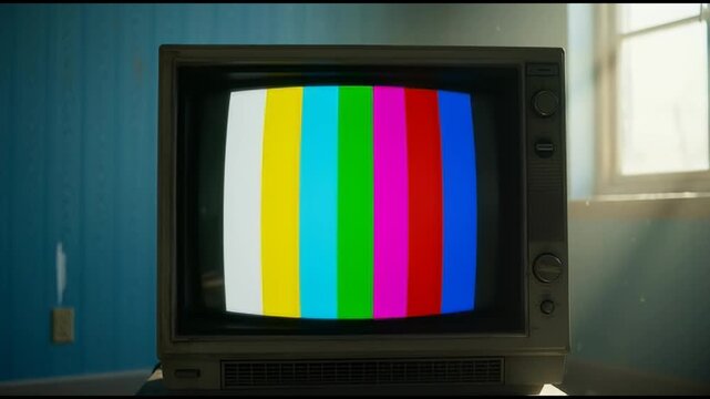 Static shot of vintage CRT television turning on to display a green screen