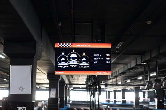 A digital display showing the leaderboard for go-kart racing session 24 with participants' ranks.