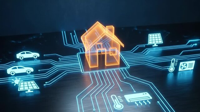 Smart home technology network connecting house, cars, and energy management systems on a circuit board
