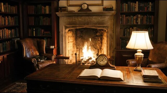Inviting old study interior with a crackling fireplace, a sleeping cat in a leather armchair, and an open book on a polished wooden desk