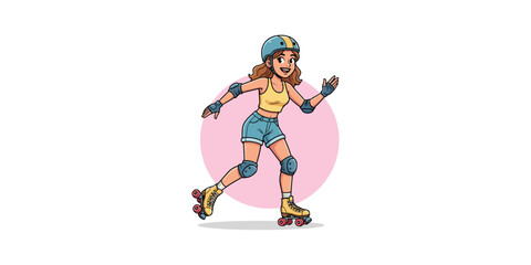 Fototapeta premium Happy Cartoon Girl Roller Skating with Protective Gear and Helmet Vector Illustration