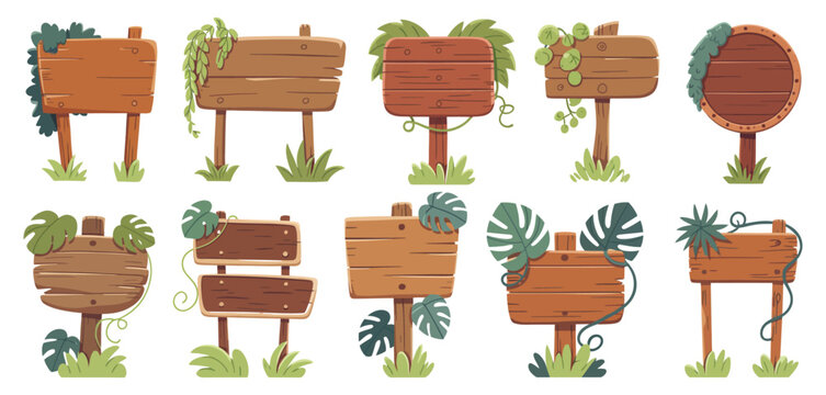 wooden plate sign boards with jungle lianas and tropical leaves lianas, isolated cartoon timber banners on poles with nails and hanging vines, ranked titles concept, hierarchy tropical symbols, premiu