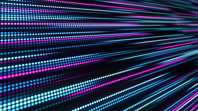 Fast moving glowing digital lines composed of blue and pink neon dots. Digital technology background. Digital display. 4K animation.