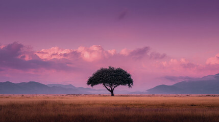 Obraz premium Lone tree standing in a vast golden field under soft pink clouds and a purple sky with distant mountain silhouettes during serene sunset hours