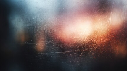 Abstract scratched glass texture with warm light bokeh and grunge background for overlays