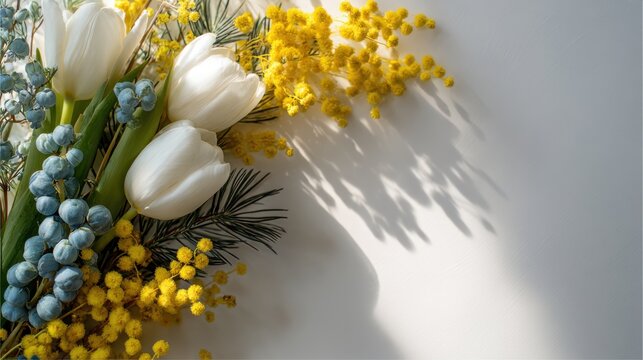 White tulip and mimosa spring bouquet on white background with soft natural light