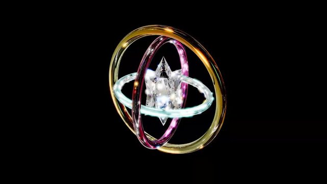3D Rotating Interlocking Metallic Rings Orbiting Diamond Crystal Core - Loop Animation