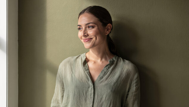 Natural Radiance: Portrait of a Confident Woman in Sustainable Sage Green Linen
