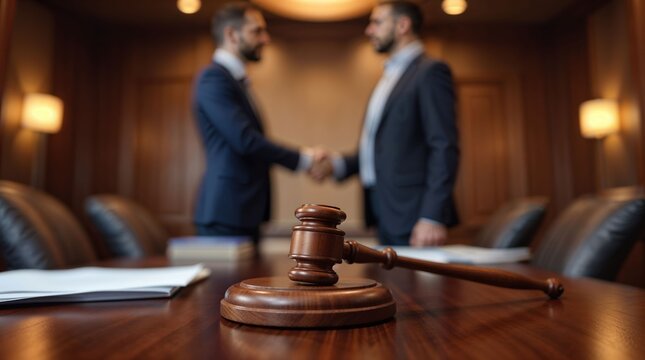 Legal gavel foreground lawyers handshake in office room