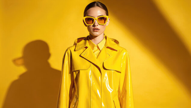 Stylish young woman in lemon yellow glossy raincoat and sunglasses posing on bright yellow background