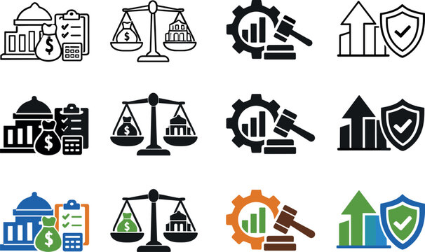 Icon object one for government revenue control, icon object two for public spending balance, icon object three for economic